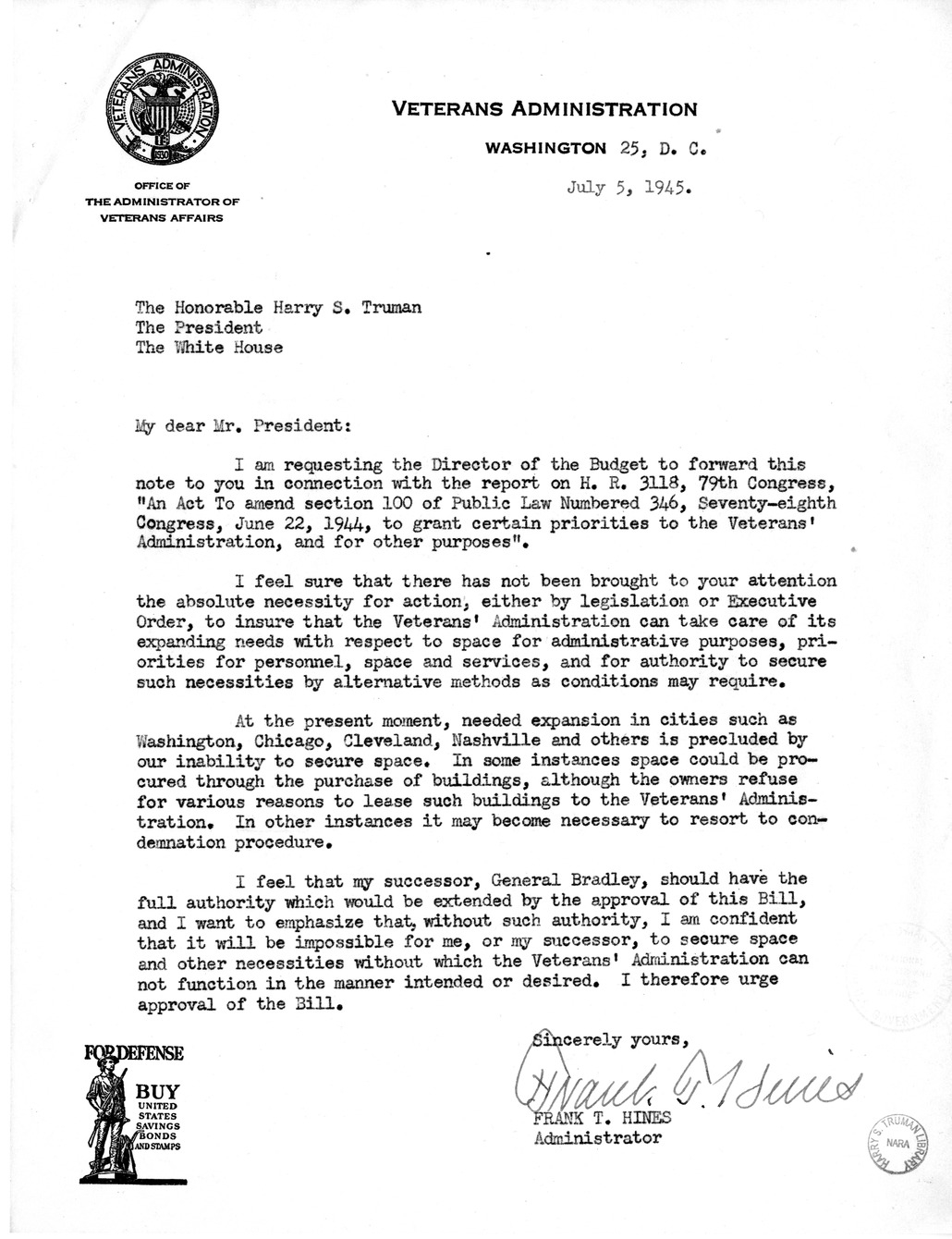 Memorandum from Harold D. Smith to M. C. Latta, H.R. 3118, To Amend Section 100 of Public Law 346, Seventieth-Eighth Congress, June 22, 1944, to Grant Certain Priorities to the Veterans' Administration, with Attachments