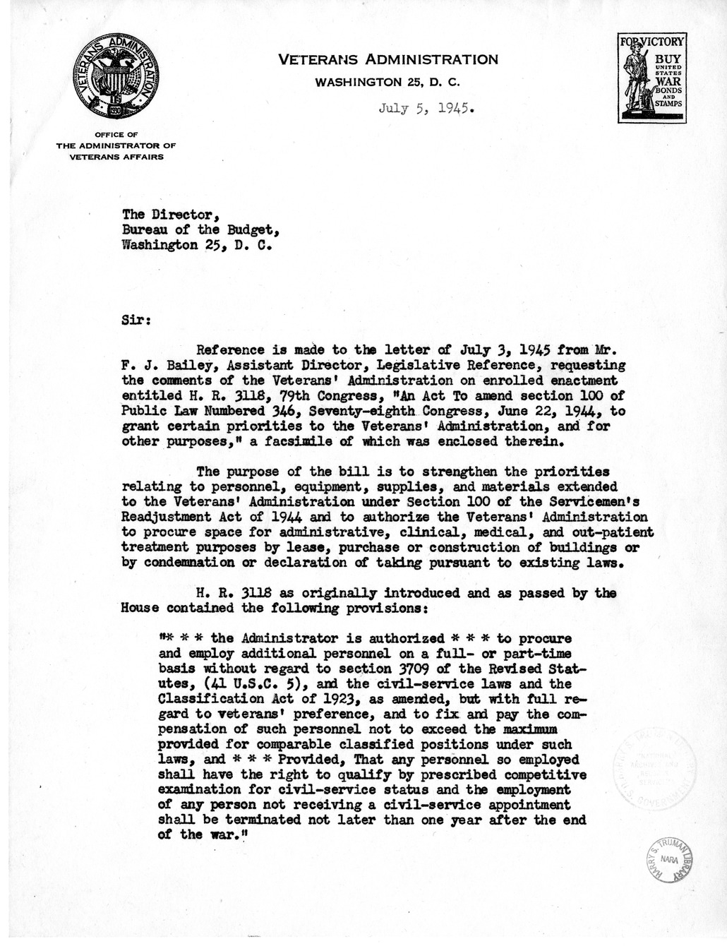 Memorandum from Harold D. Smith to M. C. Latta, H.R. 3118, To Amend Section 100 of Public Law 346, Seventieth-Eighth Congress, June 22, 1944, to Grant Certain Priorities to the Veterans' Administration, with Attachments
