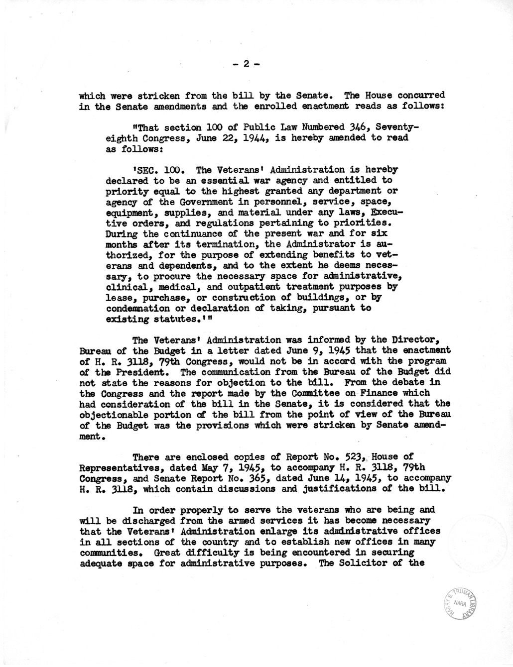 Memorandum from Harold D. Smith to M. C. Latta, H.R. 3118, To Amend Section 100 of Public Law 346, Seventieth-Eighth Congress, June 22, 1944, to Grant Certain Priorities to the Veterans' Administration, with Attachments