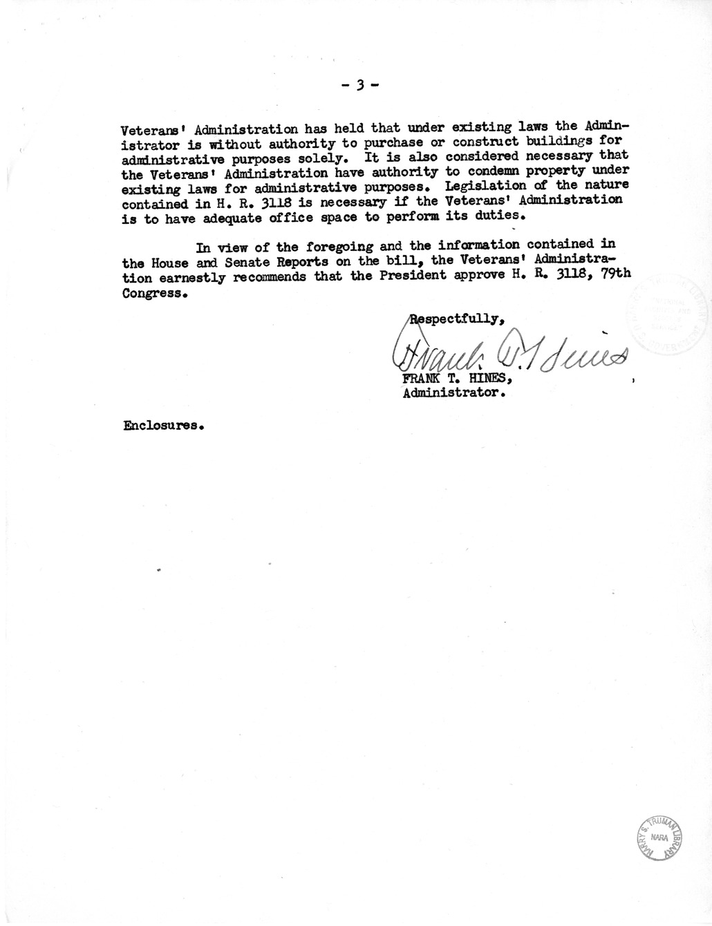 Memorandum from Harold D. Smith to M. C. Latta, H.R. 3118, To Amend Section 100 of Public Law 346, Seventieth-Eighth Congress, June 22, 1944, to Grant Certain Priorities to the Veterans' Administration, with Attachments