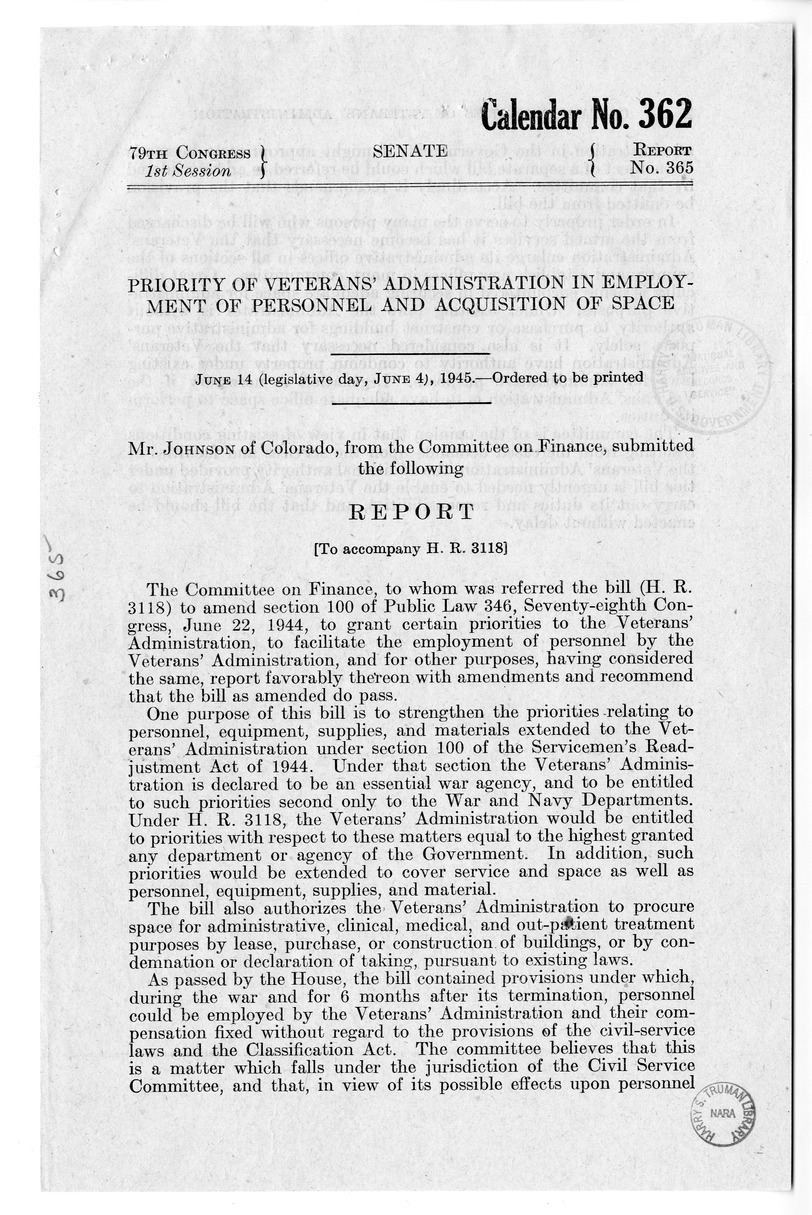 Memorandum from Harold D. Smith to M. C. Latta, H.R. 3118, To Amend Section 100 of Public Law 346, Seventieth-Eighth Congress, June 22, 1944, to Grant Certain Priorities to the Veterans' Administration, with Attachments