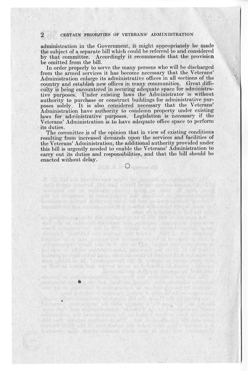 Memorandum from Harold D. Smith to M. C. Latta, H.R. 3118, To Amend Section 100 of Public Law 346, Seventieth-Eighth Congress, June 22, 1944, to Grant Certain Priorities to the Veterans' Administration, with Attachments