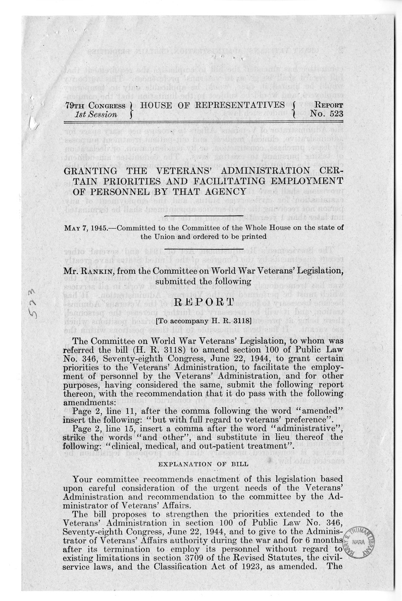 Memorandum from Harold D. Smith to M. C. Latta, H.R. 3118, To Amend Section 100 of Public Law 346, Seventieth-Eighth Congress, June 22, 1944, to Grant Certain Priorities to the Veterans' Administration, with Attachments