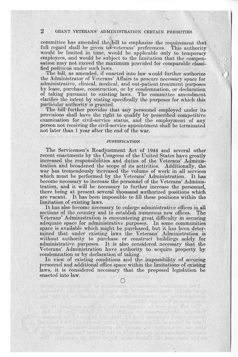 Memorandum from Harold D. Smith to M. C. Latta, H.R. 3118, To Amend Section 100 of Public Law 346, Seventieth-Eighth Congress, June 22, 1944, to Grant Certain Priorities to the Veterans' Administration, with Attachments