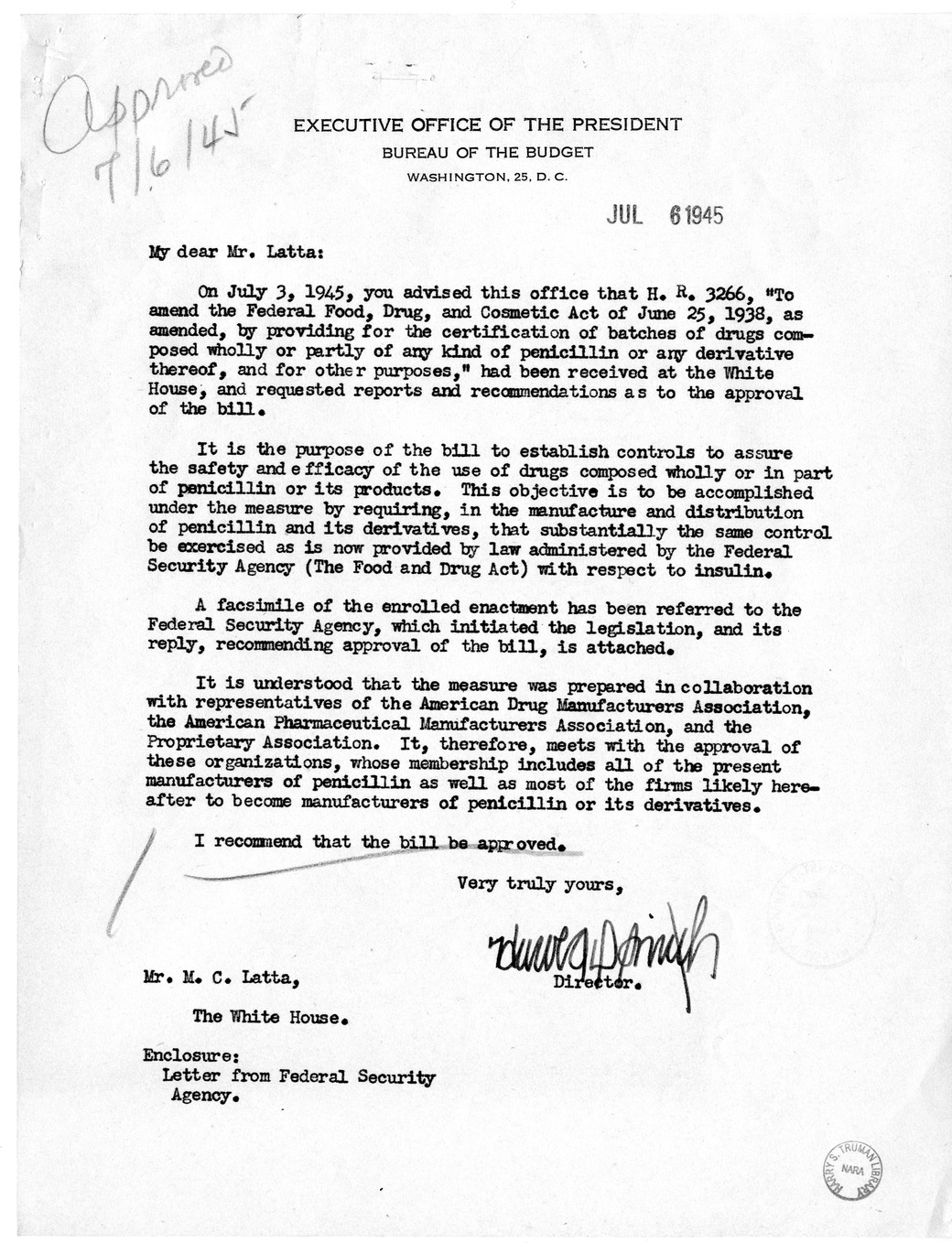 Memorandum from Harold D. Smith to M. C. Latta, H.R. 3266, To Amend the Federal Food, Drug, and Cosmetic Act of June 25, 1938, as Amended, by Providing for the Certification of Batches of Drugs Composed Wholly or Partly of any Kind of Penicillin or any De