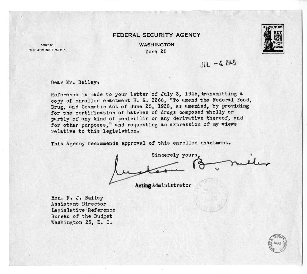 Memorandum from Harold D. Smith to M. C. Latta, H.R. 3266, To Amend the Federal Food, Drug, and Cosmetic Act of June 25, 1938, as Amended, by Providing for the Certification of Batches of Drugs Composed Wholly or Partly of any Kind of Penicillin or any De