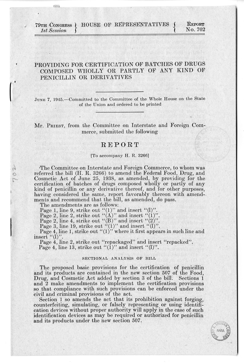 Memorandum from Harold D. Smith to M. C. Latta, H.R. 3266, To Amend the Federal Food, Drug, and Cosmetic Act of June 25, 1938, as Amended, by Providing for the Certification of Batches of Drugs Composed Wholly or Partly of any Kind of Penicillin or any De