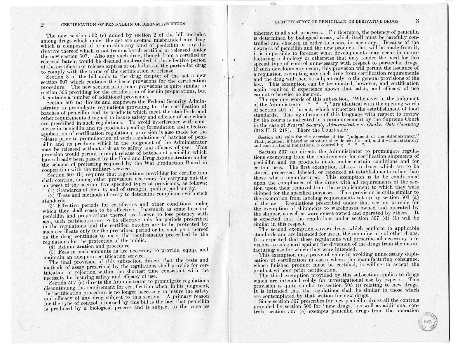 Memorandum from Harold D. Smith to M. C. Latta, H.R. 3266, To Amend the Federal Food, Drug, and Cosmetic Act of June 25, 1938, as Amended, by Providing for the Certification of Batches of Drugs Composed Wholly or Partly of any Kind of Penicillin or any De