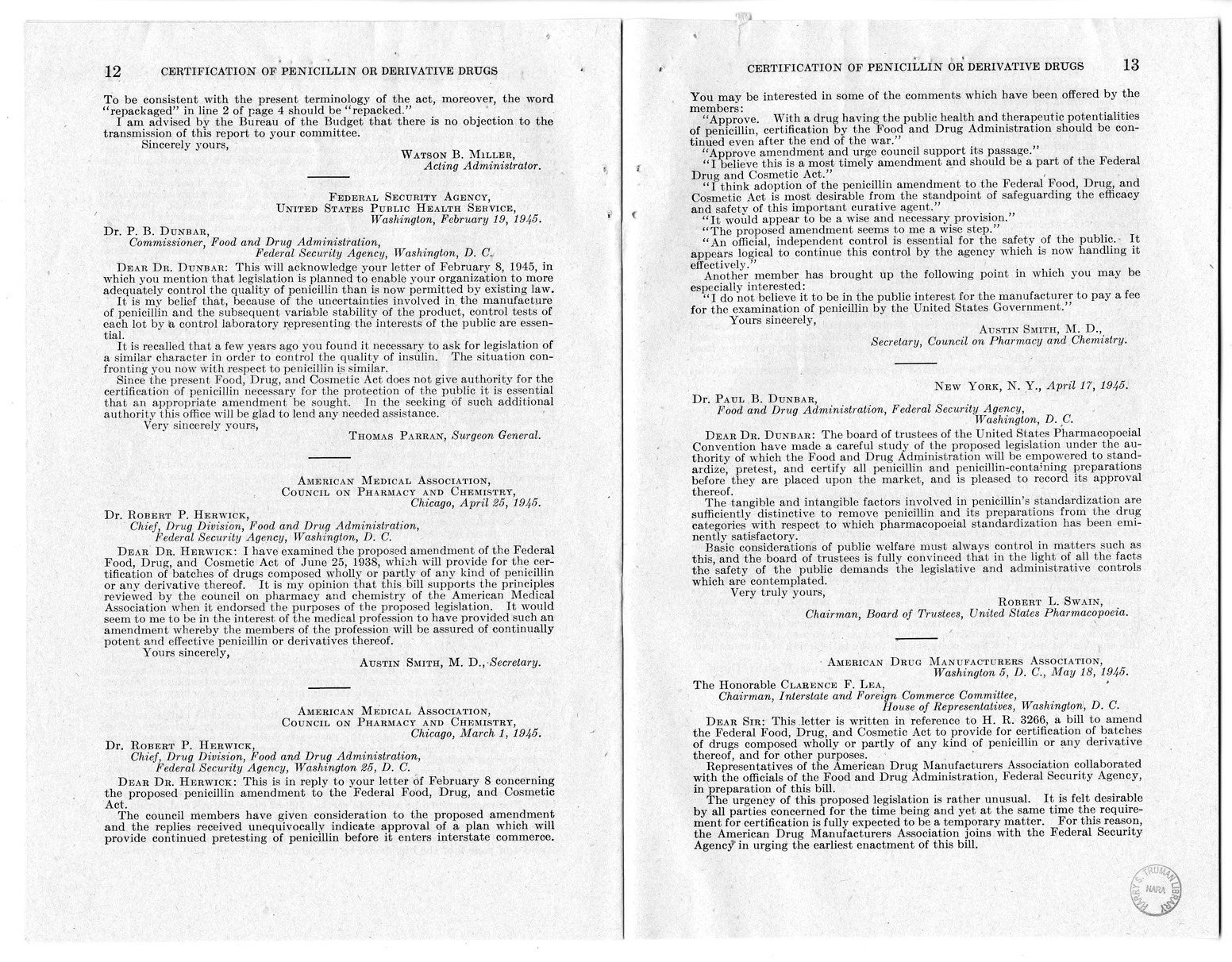 Memorandum from Harold D. Smith to M. C. Latta, H.R. 3266, To Amend the Federal Food, Drug, and Cosmetic Act of June 25, 1938, as Amended, by Providing for the Certification of Batches of Drugs Composed Wholly or Partly of any Kind of Penicillin or any De