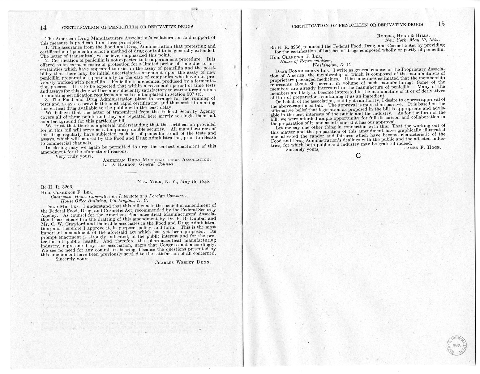 Memorandum from Harold D. Smith to M. C. Latta, H.R. 3266, To Amend the Federal Food, Drug, and Cosmetic Act of June 25, 1938, as Amended, by Providing for the Certification of Batches of Drugs Composed Wholly or Partly of any Kind of Penicillin or any De