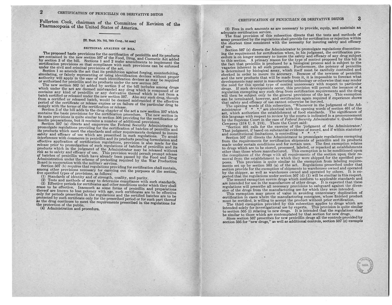 Memorandum from Harold D. Smith to M. C. Latta, H.R. 3266, To Amend the Federal Food, Drug, and Cosmetic Act of June 25, 1938, as Amended, by Providing for the Certification of Batches of Drugs Composed Wholly or Partly of any Kind of Penicillin or any De