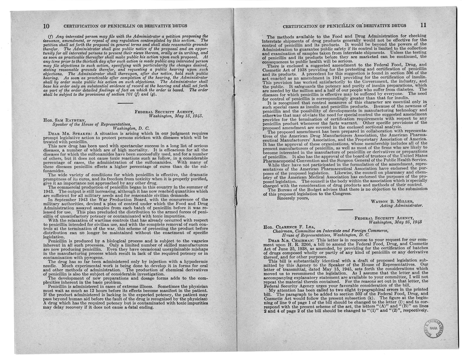 Memorandum from Harold D. Smith to M. C. Latta, H.R. 3266, To Amend the Federal Food, Drug, and Cosmetic Act of June 25, 1938, as Amended, by Providing for the Certification of Batches of Drugs Composed Wholly or Partly of any Kind of Penicillin or any De