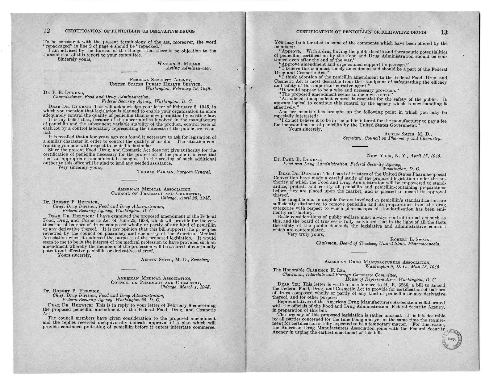 Memorandum from Harold D. Smith to M. C. Latta, H.R. 3266, To Amend the Federal Food, Drug, and Cosmetic Act of June 25, 1938, as Amended, by Providing for the Certification of Batches of Drugs Composed Wholly or Partly of any Kind of Penicillin or any De