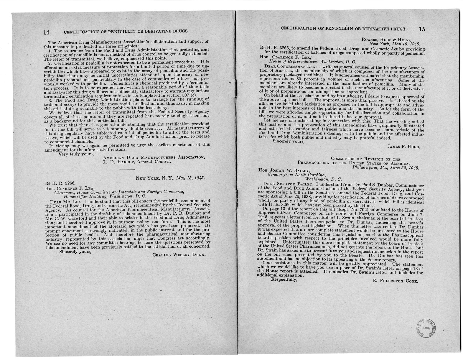 Memorandum from Harold D. Smith to M. C. Latta, H.R. 3266, To Amend the Federal Food, Drug, and Cosmetic Act of June 25, 1938, as Amended, by Providing for the Certification of Batches of Drugs Composed Wholly or Partly of any Kind of Penicillin or any De