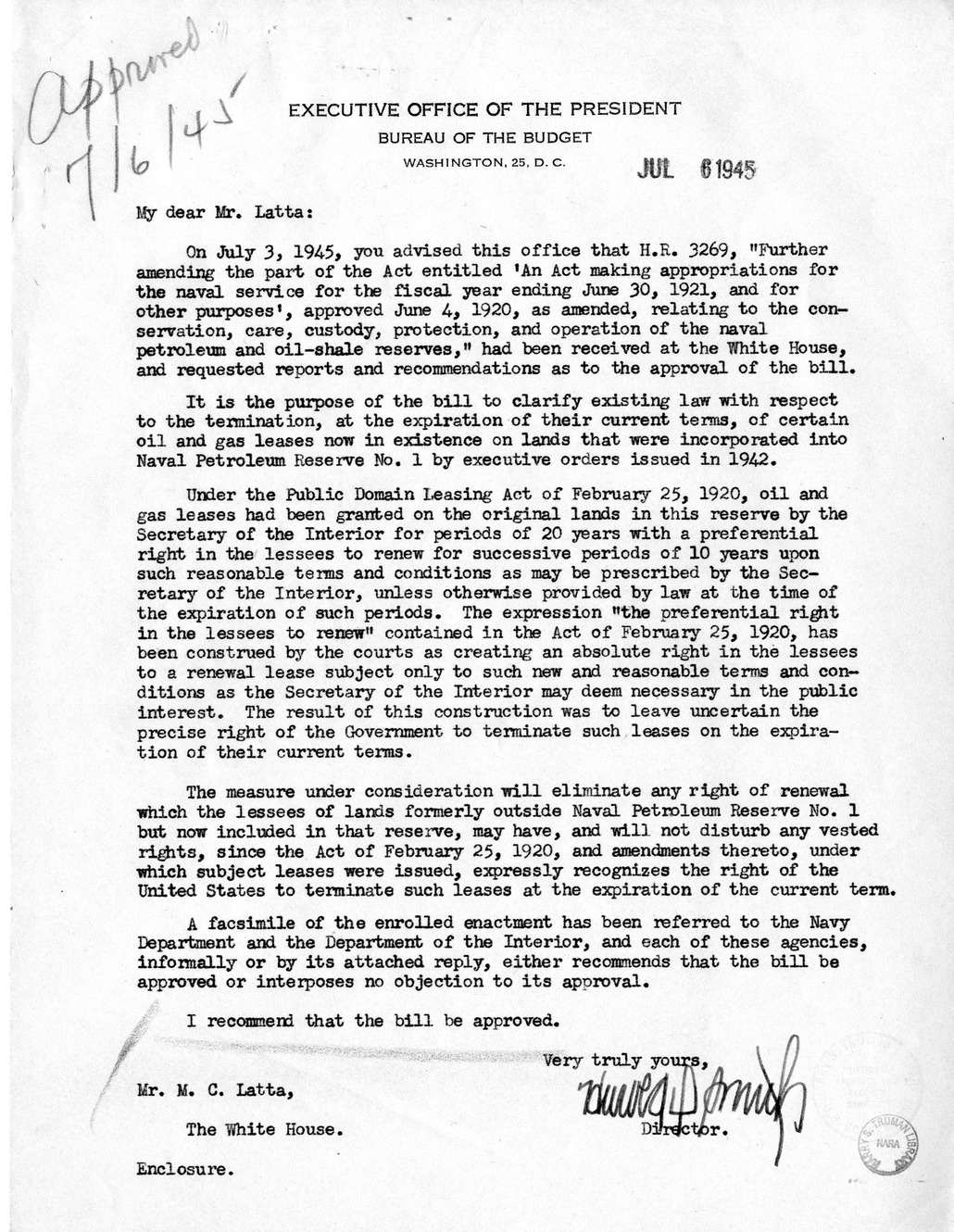 Memorandum from Harold D. Smith to M. C. Latta, H.R. 3269, Amending an Act Making Appropriations for the Naval Service for the Fiscal Year Ending June 30, 1921, and for Other Purposes', approved June 4, 1920, as Amended Relating to the Conservation, Care,