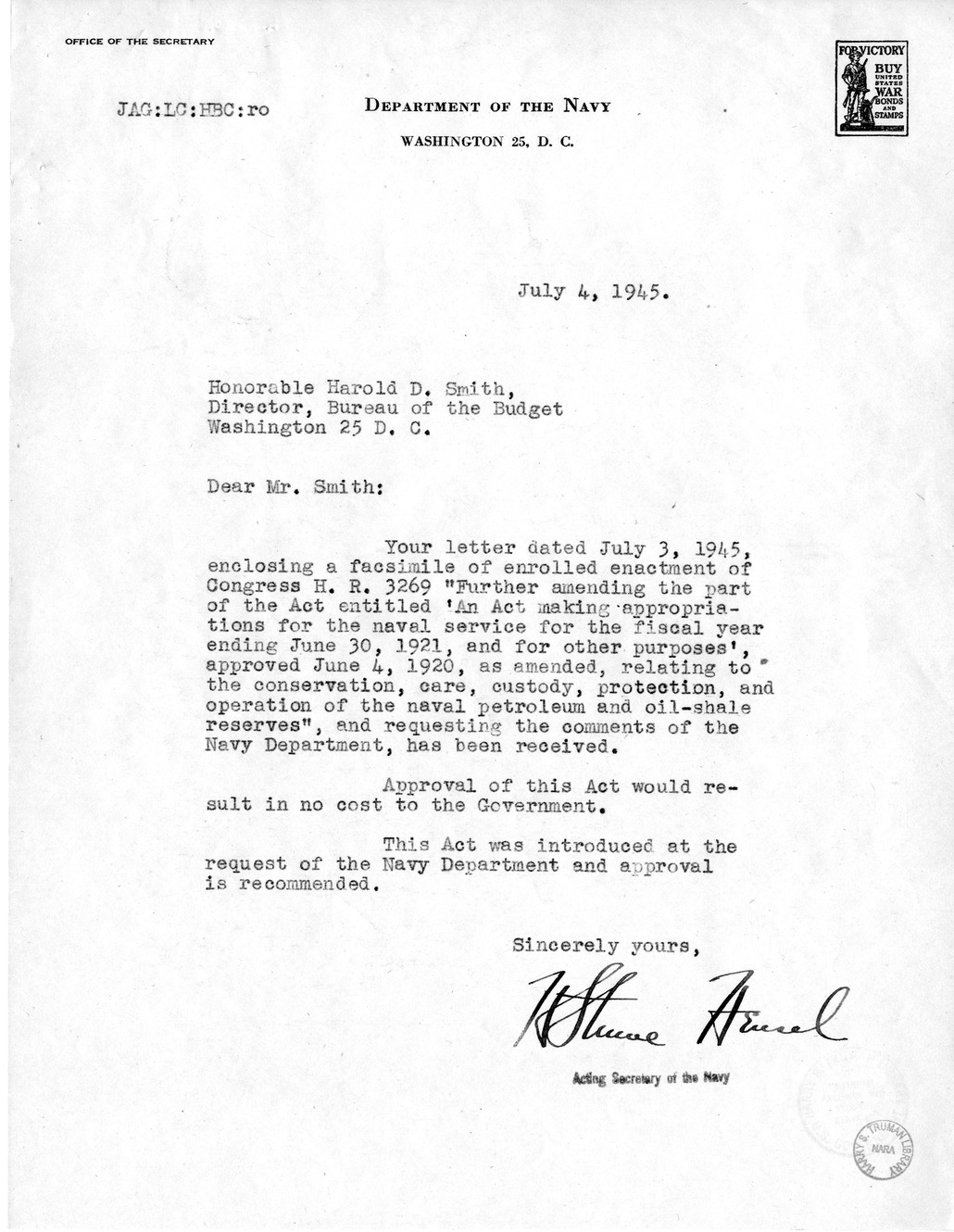 Memorandum from Harold D. Smith to M. C. Latta, H.R. 3269, Amending an Act Making Appropriations for the Naval Service for the Fiscal Year Ending June 30, 1921, and for Other Purposes', approved June 4, 1920, as Amended Relating to the Conservation, Care,