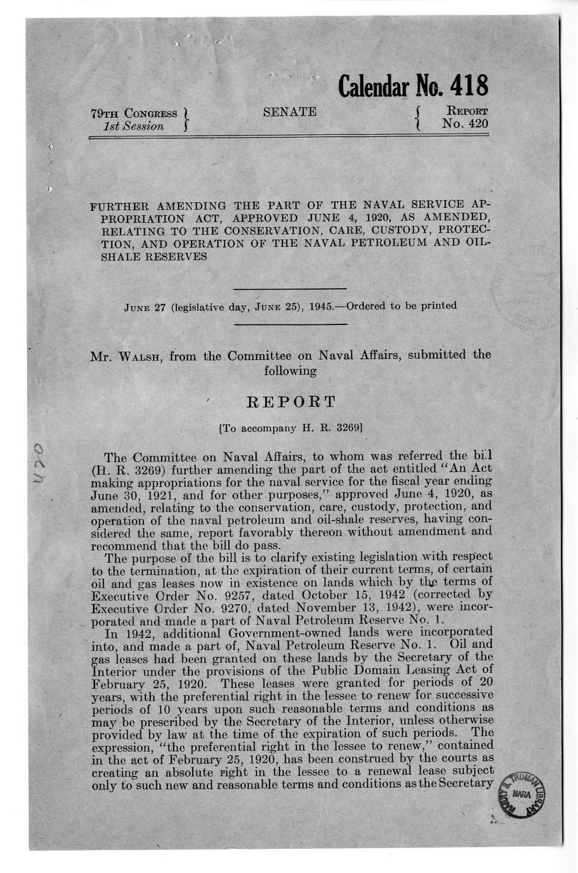 Memorandum from Harold D. Smith to M. C. Latta, H.R. 3269, Amending an Act Making Appropriations for the Naval Service for the Fiscal Year Ending June 30, 1921, and for Other Purposes', approved June 4, 1920, as Amended Relating to the Conservation, Care,