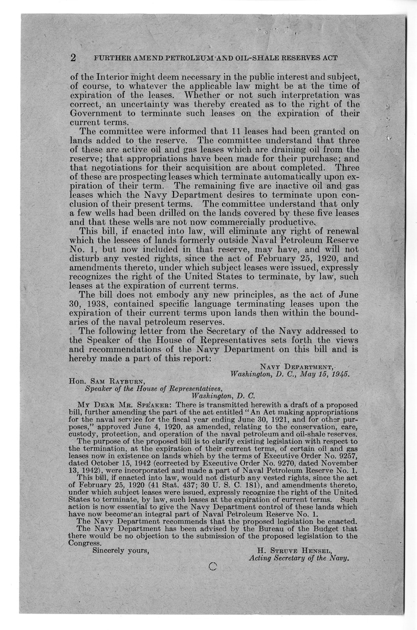 Memorandum from Harold D. Smith to M. C. Latta, H.R. 3269, Amending an Act Making Appropriations for the Naval Service for the Fiscal Year Ending June 30, 1921, and for Other Purposes', approved June 4, 1920, as Amended Relating to the Conservation, Care,