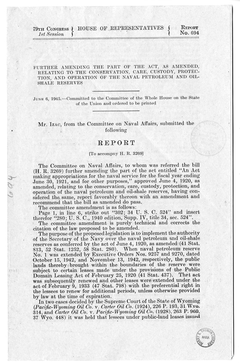 Memorandum from Harold D. Smith to M. C. Latta, H.R. 3269, Amending an Act Making Appropriations for the Naval Service for the Fiscal Year Ending June 30, 1921, and for Other Purposes', approved June 4, 1920, as Amended Relating to the Conservation, Care,