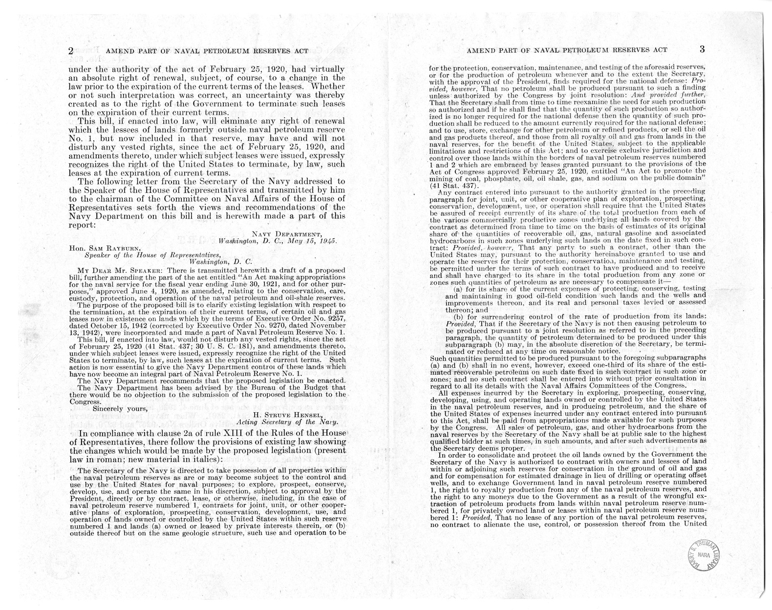 Memorandum from Harold D. Smith to M. C. Latta, H.R. 3269, Amending an Act Making Appropriations for the Naval Service for the Fiscal Year Ending June 30, 1921, and for Other Purposes', approved June 4, 1920, as Amended Relating to the Conservation, Care,