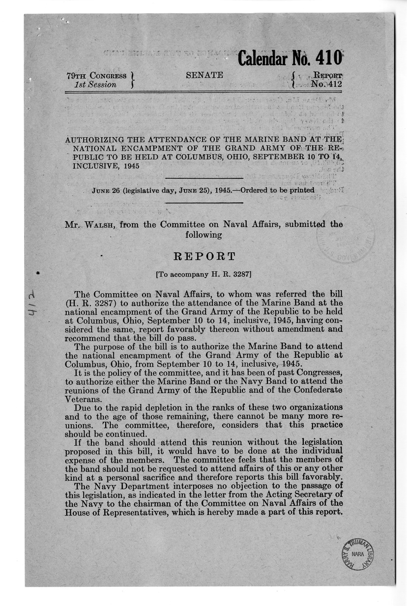 Memorandum from Harold D. Smith to M. C. Latta, H.R. 3287, To Authorize the Attendance of the Marine Band at the National Encampment of the Grand Army of the Republic to be held at Columbus, Ohio, with Attachments