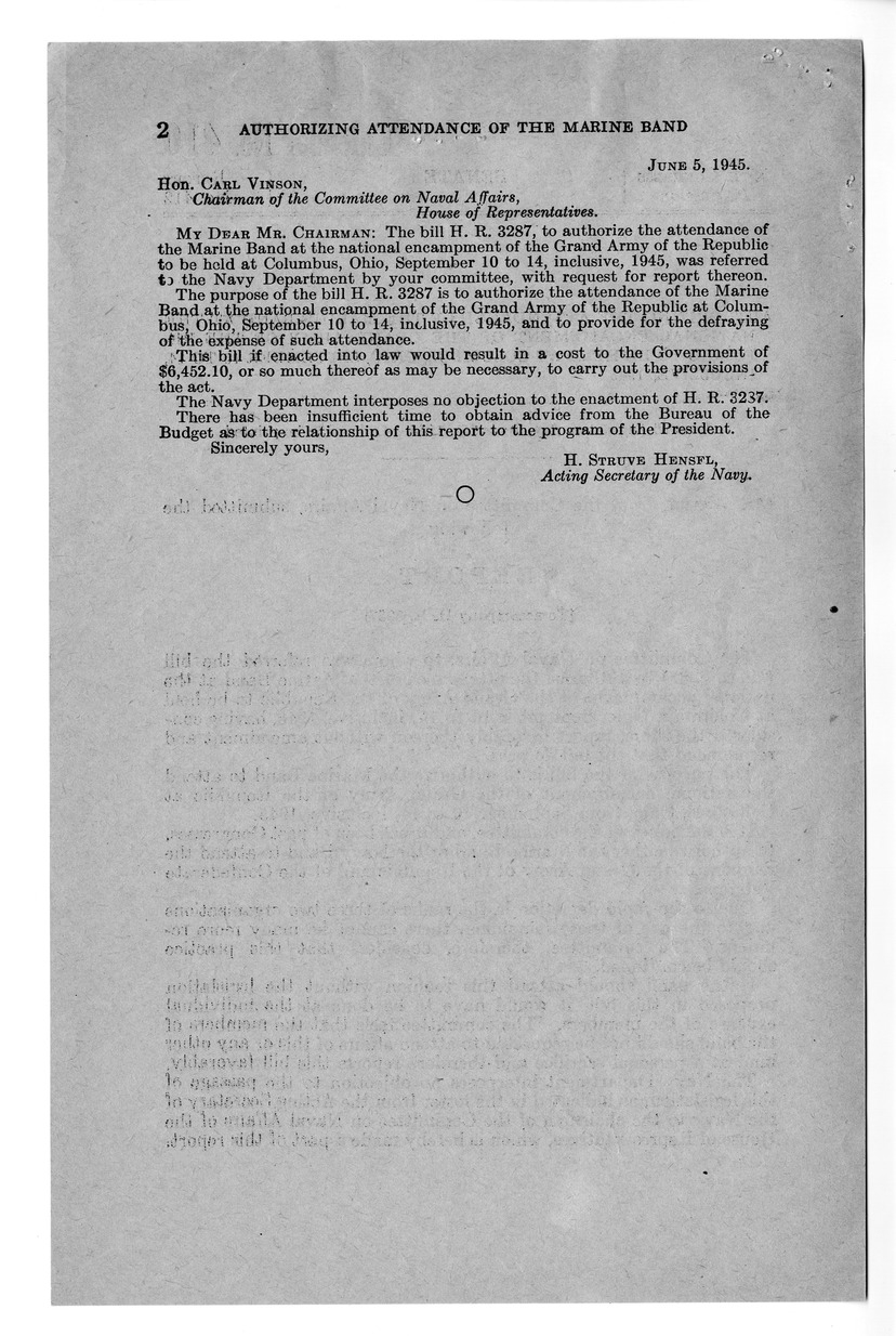 Memorandum from Harold D. Smith to M. C. Latta, H.R. 3287, To Authorize the Attendance of the Marine Band at the National Encampment of the Grand Army of the Republic to be held at Columbus, Ohio, with Attachments