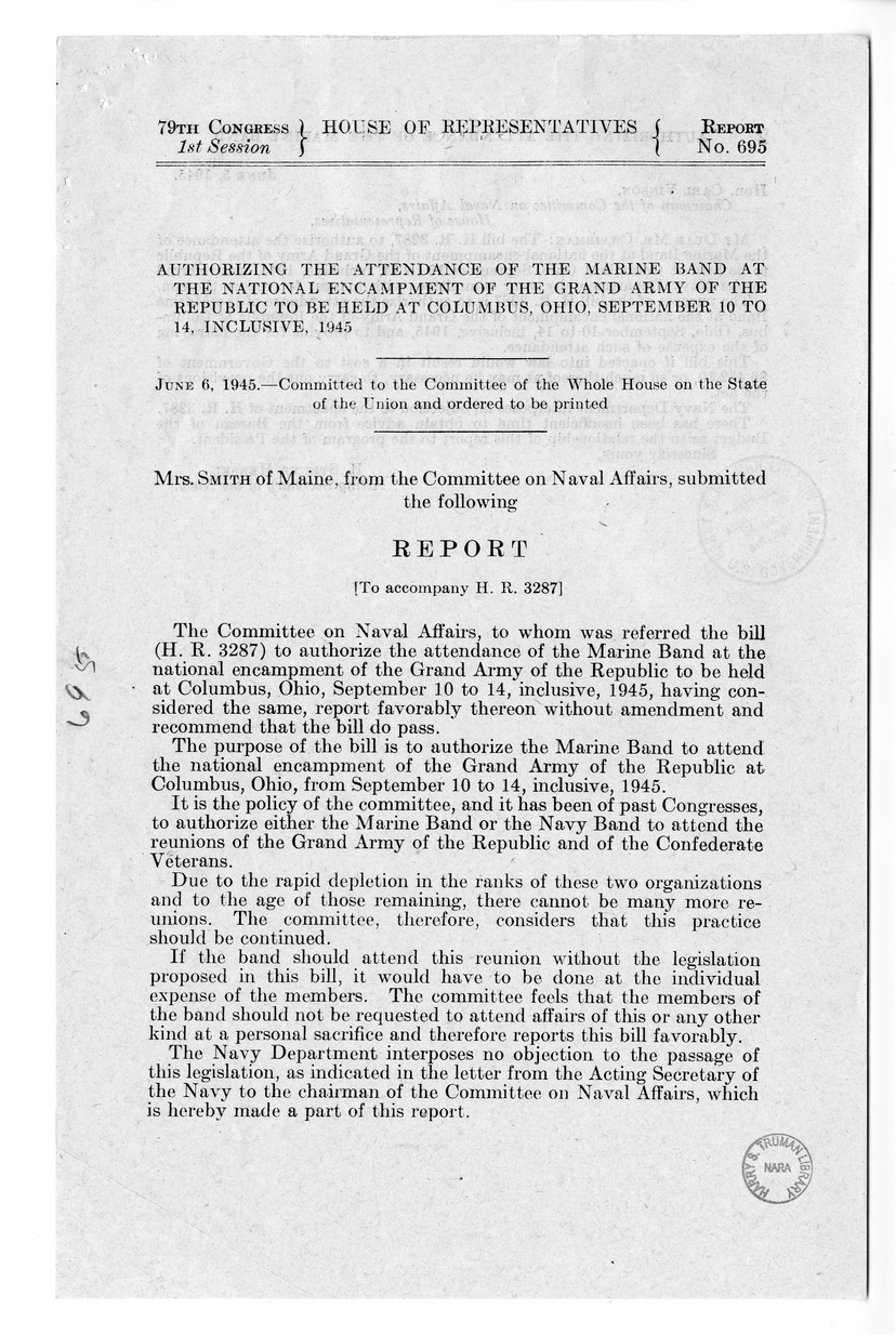 Memorandum from Harold D. Smith to M. C. Latta, H.R. 3287, To Authorize the Attendance of the Marine Band at the National Encampment of the Grand Army of the Republic to be held at Columbus, Ohio, with Attachments