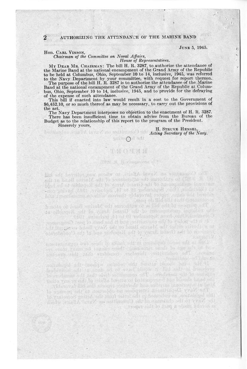 Memorandum from Harold D. Smith to M. C. Latta, H.R. 3287, To Authorize the Attendance of the Marine Band at the National Encampment of the Grand Army of the Republic to be held at Columbus, Ohio, with Attachments