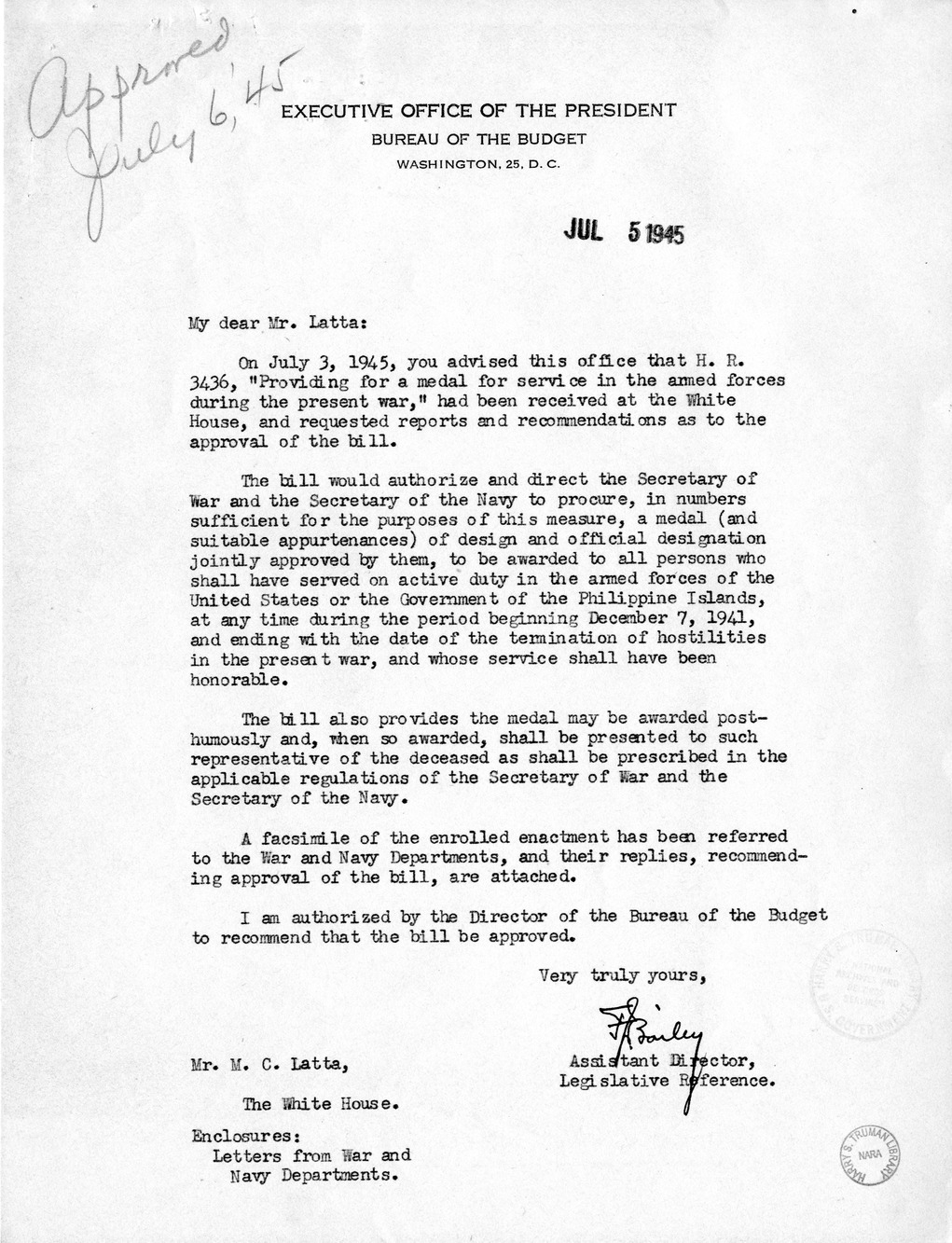 Memorandum from Frederick Bailey to M. C. Latta, H.R. 3436, Providing for a Medal for Service in the Armed Forces During the Present War, with Attachments