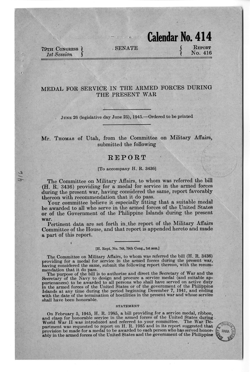 Memorandum from Frederick Bailey to M. C. Latta, H.R. 3436, Providing for a Medal for Service in the Armed Forces During the Present War, with Attachments