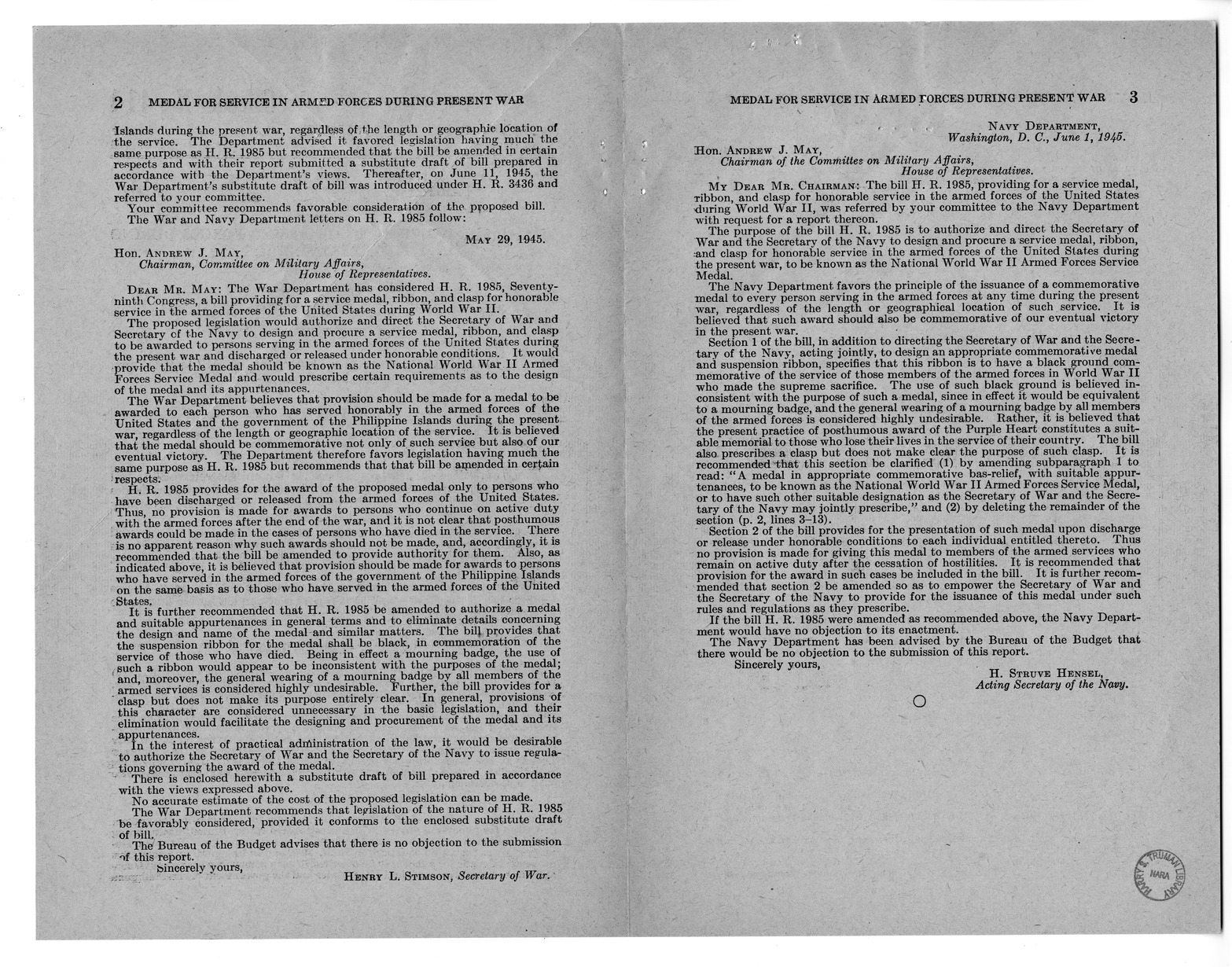 Memorandum from Frederick Bailey to M. C. Latta, H.R. 3436, Providing for a Medal for Service in the Armed Forces During the Present War, with Attachments