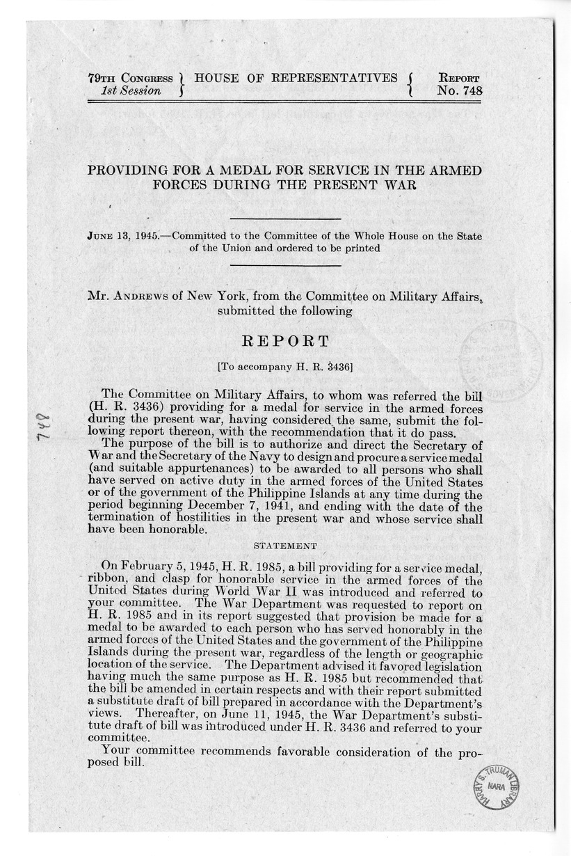 Memorandum from Frederick Bailey to M. C. Latta, H.R. 3436, Providing for a Medal for Service in the Armed Forces During the Present War, with Attachments