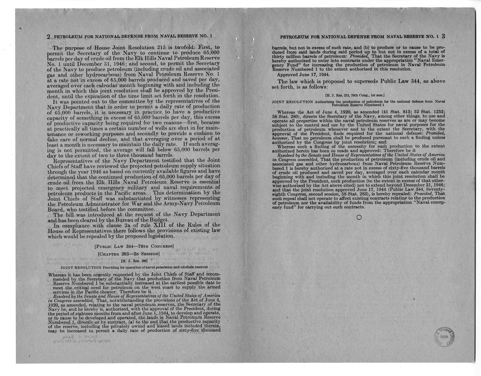 Memorandum from Frederick Bailey to M. C. Latta, H.J. Res. 215, Authorizing the Production of Petroleum for the National Defense from Naval Petroleum Reserve Number 1, with Attachments