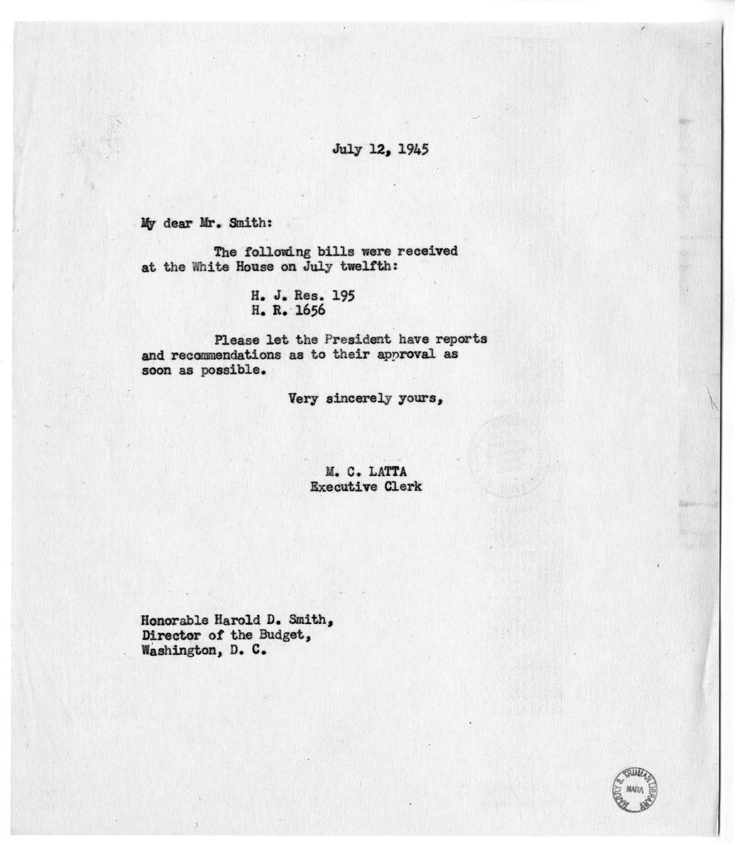 Memorandum from M. C. Latta to Harold D. Smith