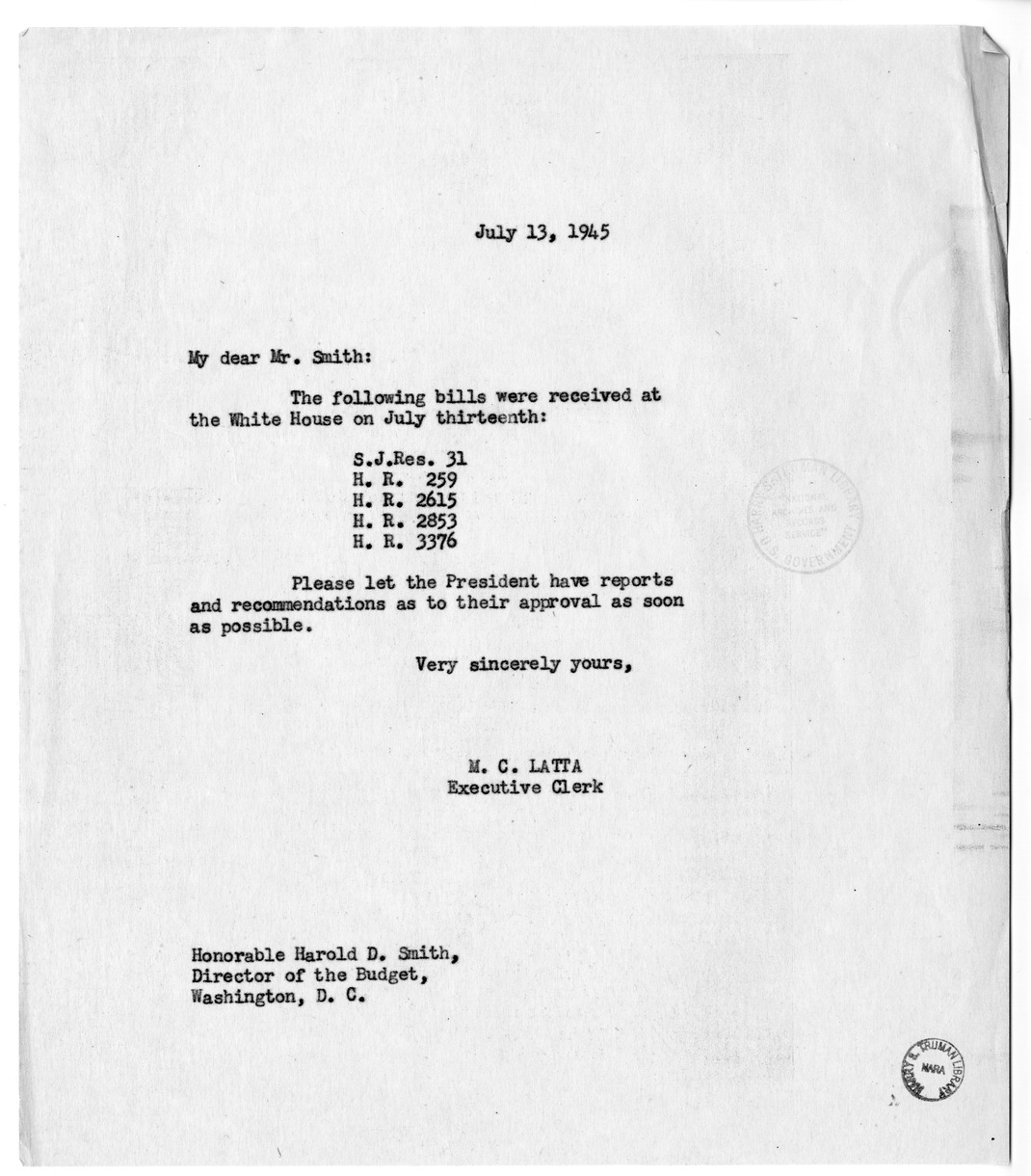 Memorandum from M. C. Latta to Harold D. Smith