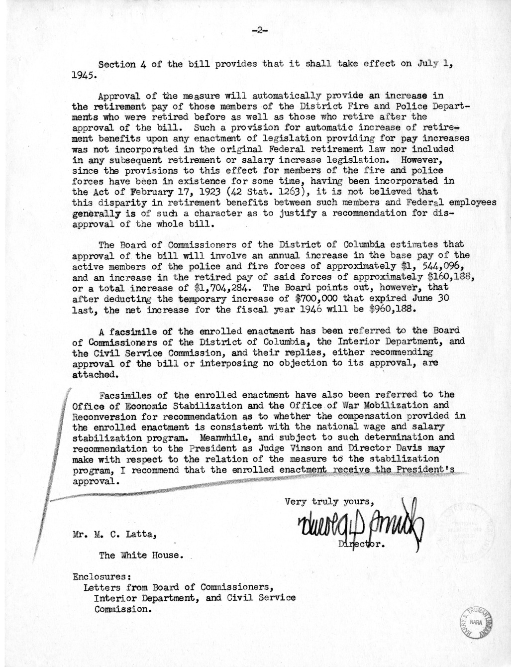Memorandum from Harold D. Smith to M. C. Latta, H.R. 3291, To Provide for an Adjustment of Salaries of the Metropolitan Police, the United States Park Police, the White House Police, and the Members of the Fire Department of the District of Columbia, with