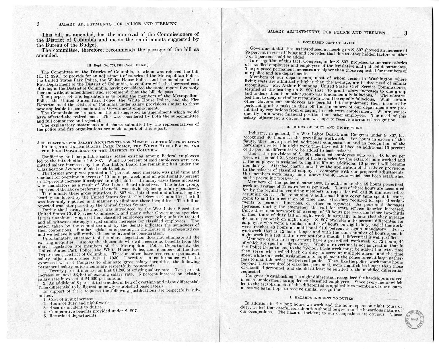 Memorandum from Harold D. Smith to M. C. Latta, H.R. 3291, To Provide for an Adjustment of Salaries of the Metropolitan Police, the United States Park Police, the White House Police, and the Members of the Fire Department of the District of Columbia, with