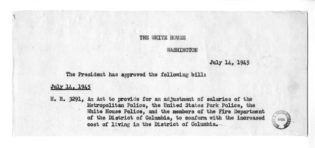 Memorandum from Harold D. Smith to M. C. Latta, H.R. 3291, To Provide for an Adjustment of Salaries of the Metropolitan Police, the United States Park Police, the White House Police, and the Members of the Fire Department of the District of Columbia, with