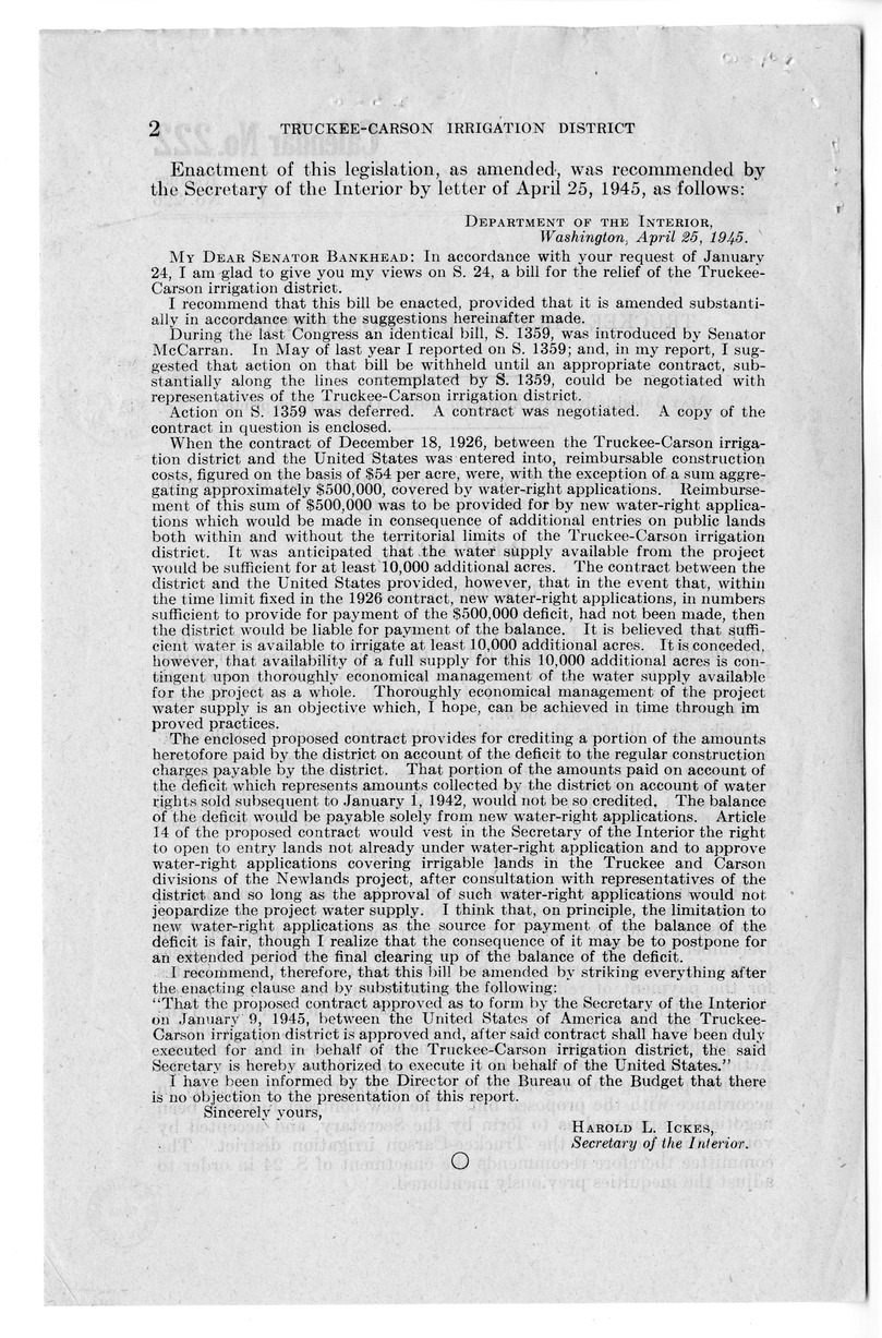 Memorandum from Harold D. Smith to M. C. Latta, S. 24, For the Relief of the Truckee-Carson Irrigation District, with Attachments