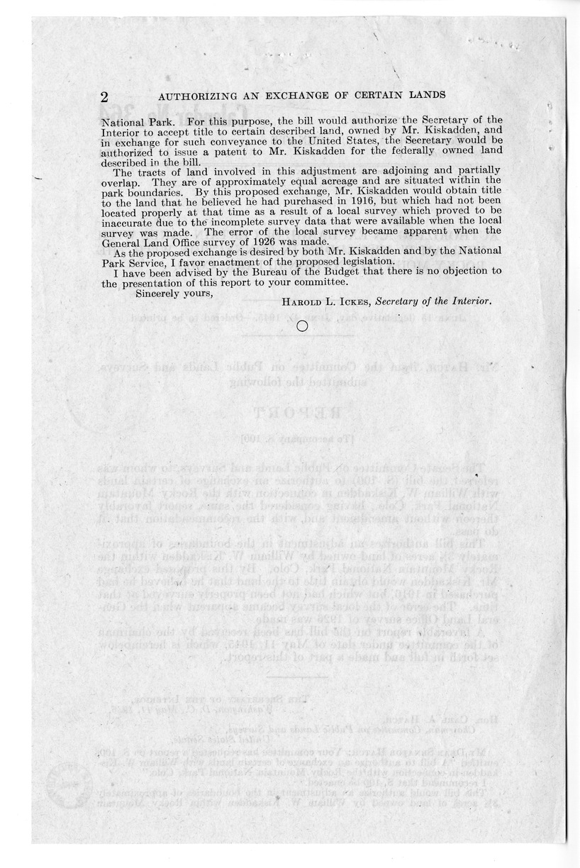 Memorandum from Frederick J. Bailey to M. C. Latta, S. 100, to Authorize an Exchange of Certain Lands with William W. Kiskadden in Connection with the Rocky Mountain National Park, Colorado, with Attachments