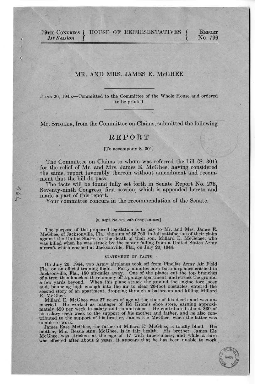 Memorandum from Frederick Bailey to M. C. Latta, S. 301, For the Relief of Mr. and Mrs. James E. McGhee, with Attachments