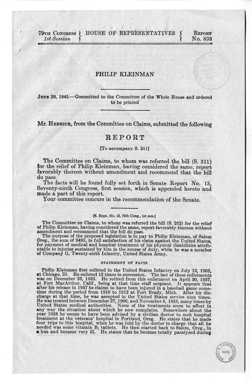 Memorandum from Frederick Bailey to M. C. Latta, S. 311, For the Relief of Philip Kleinman, with Attachments
