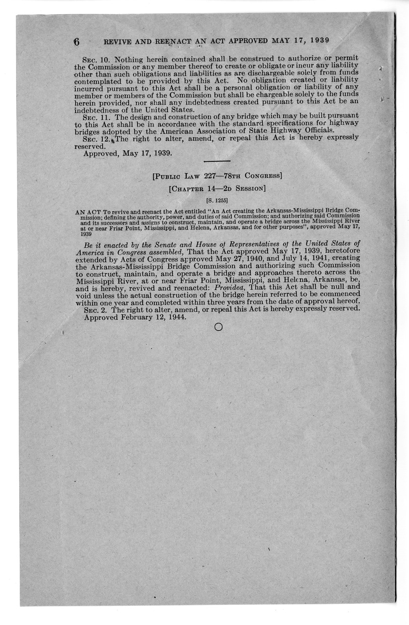 Memorandum from Frederick J. Bailey to M. C. Latta, S. 454, to Revive and Reenact an Act Creating the Arkansas-Mississippi Bridge Commission, with Attachments