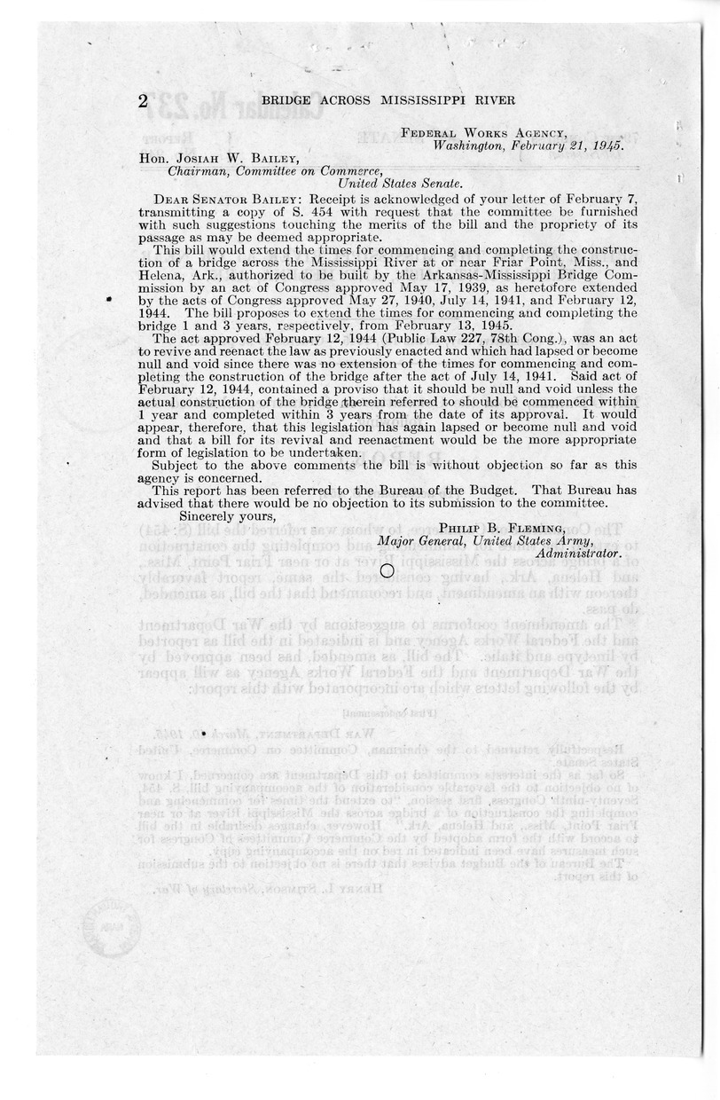 Memorandum from Frederick J. Bailey to M. C. Latta, S. 454, to Revive and Reenact an Act Creating the Arkansas-Mississippi Bridge Commission, with Attachments