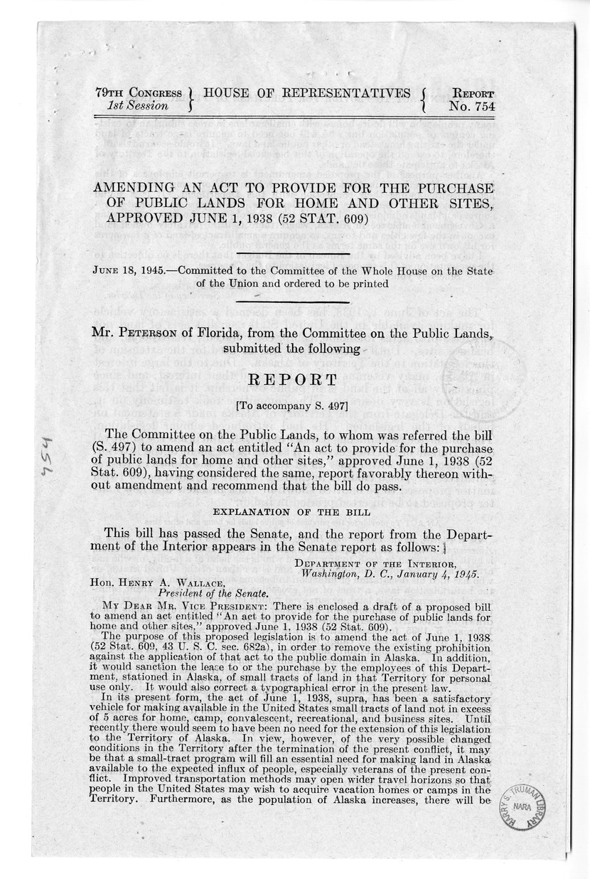 Memorandum from Frederick Bailey to M. C. Latta, S. 497, To Amend An Act to Provide for the Purchase of Public Lands for Home and Other Sites', Approved June 1, 1938 (52 Stat. 609), with Attachments