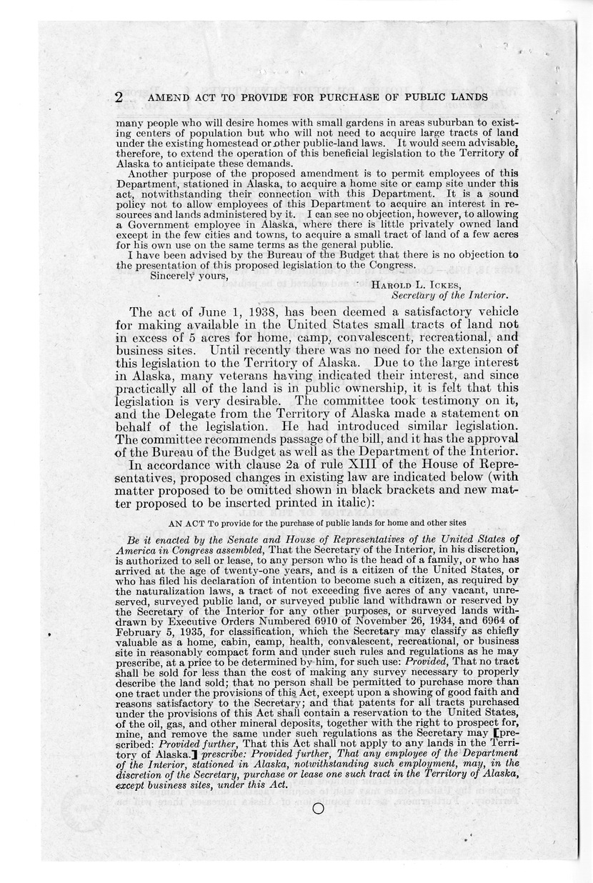 Memorandum from Frederick Bailey to M. C. Latta, S. 497, To Amend An Act to Provide for the Purchase of Public Lands for Home and Other Sites', Approved June 1, 1938 (52 Stat. 609), with Attachments