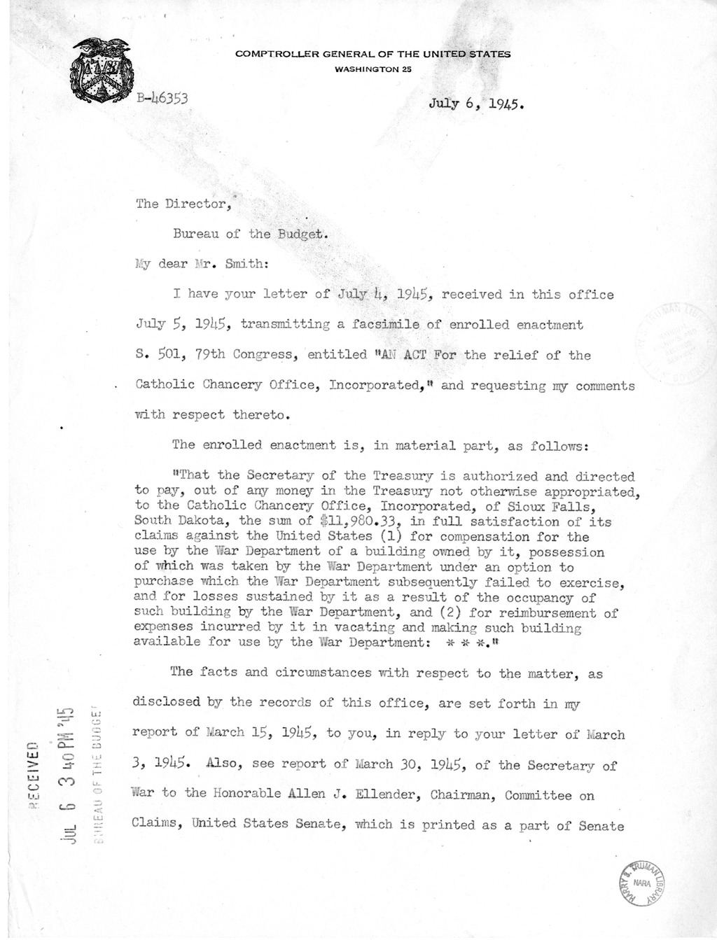 Memorandum from Harold D. Smith to M. C. Latta, S. 501, For the Relief of the Catholic Chancery Office, Incorporated, with Attachments