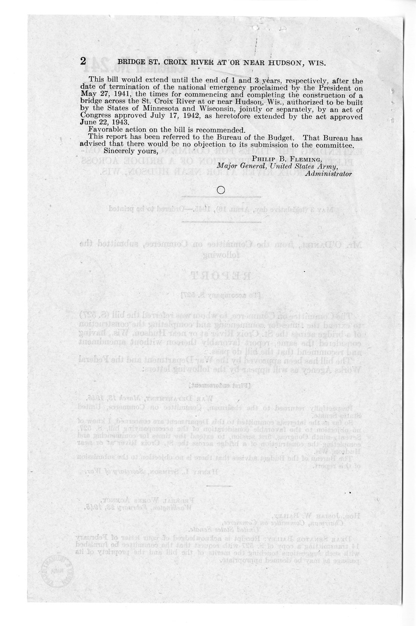 Memorandum from Frederick Bailey to M. C. Latta, S. 527, To Extend the Times for Commencing and Completing the Construction of a Bridge Across the Saint Croix River at or Near Hudson, Wisconsin, with Attachments