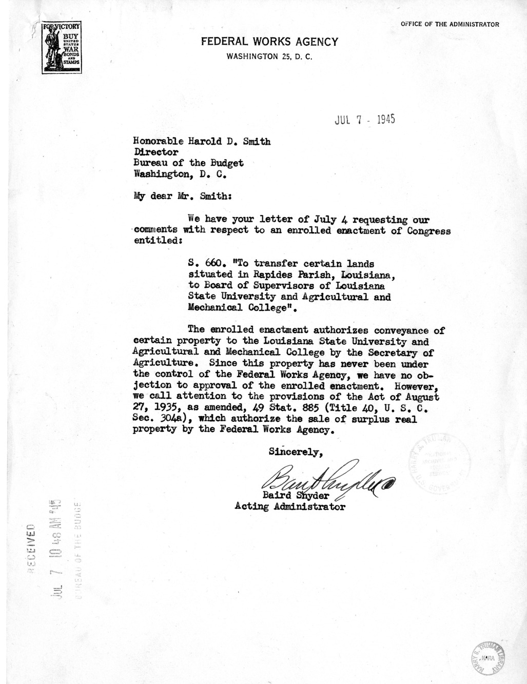 Memorandum from Frederick Bailey to M. C. Latta, S. 660, To Transfer Certain Lands Situated in Rapides Parish, Louisiana, to Board of Supervisors of Louisiana State University and Agricultural and Mechanical College, with Attachments