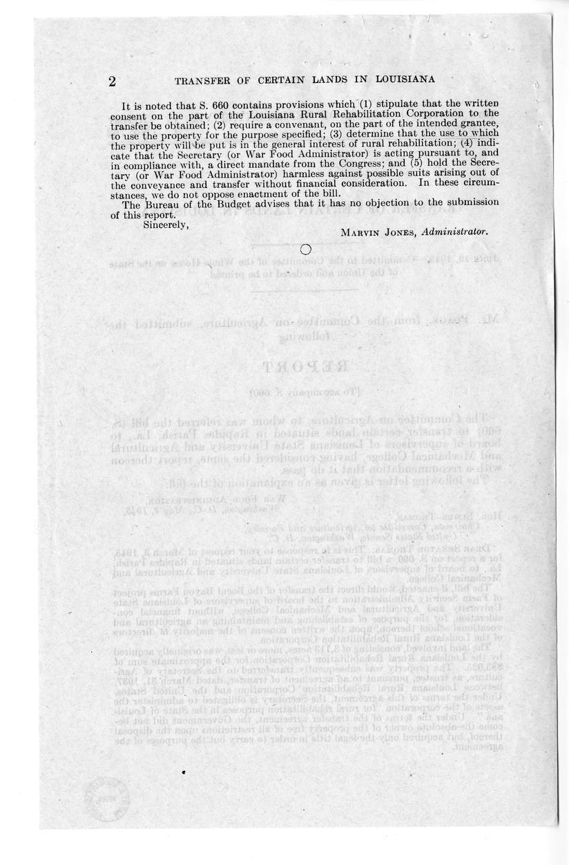 Memorandum from Frederick Bailey to M. C. Latta, S. 660, To Transfer Certain Lands Situated in Rapides Parish, Louisiana, to Board of Supervisors of Louisiana State University and Agricultural and Mechanical College, with Attachments